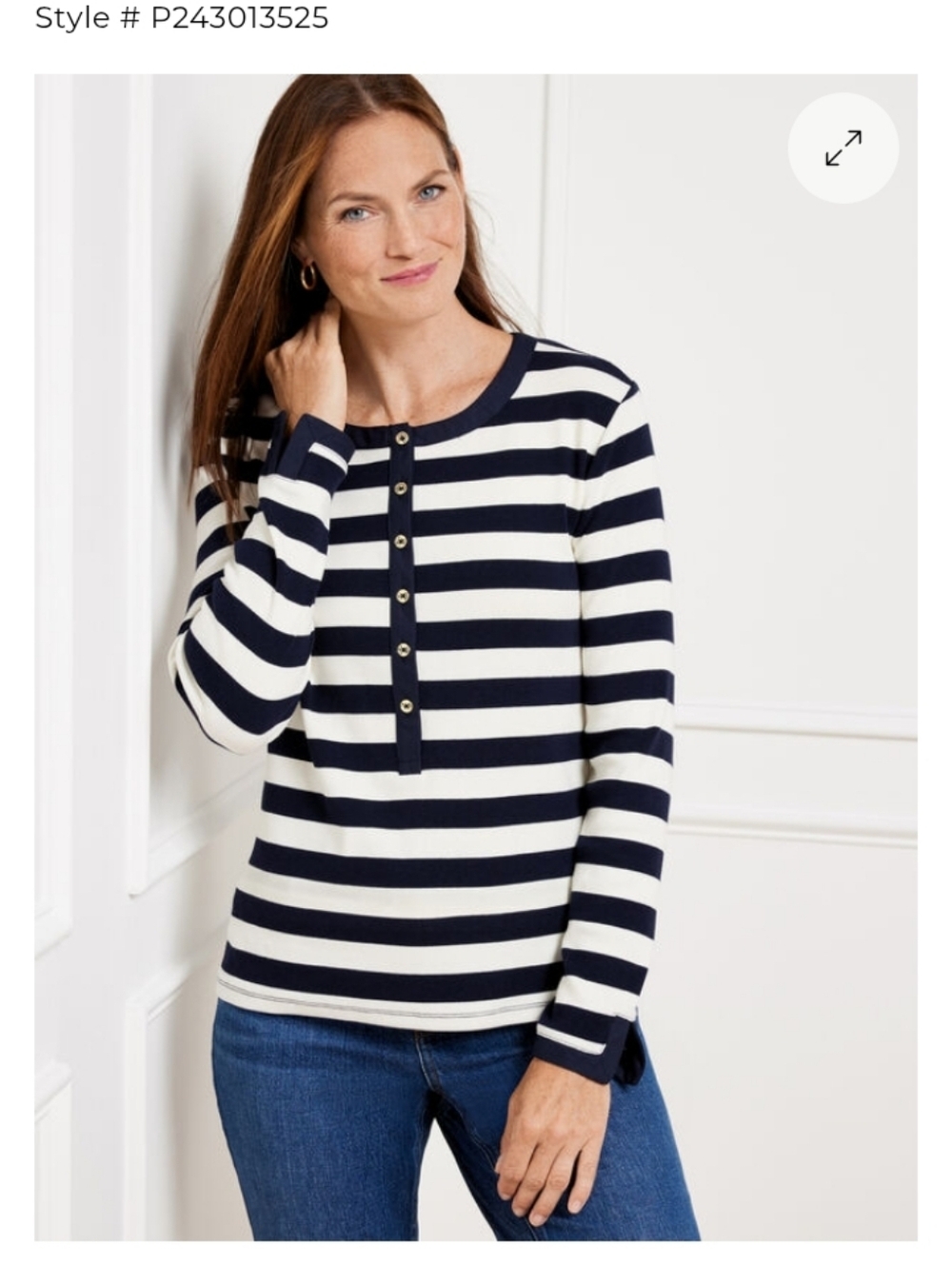 Talbots Navy and White Striped Henley Long-Sleeve Top NWT Small